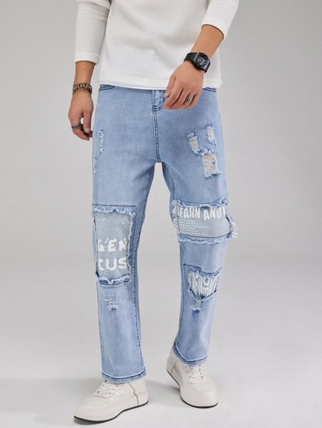 

men slogan graphic ripped jeans m57b#, Blue