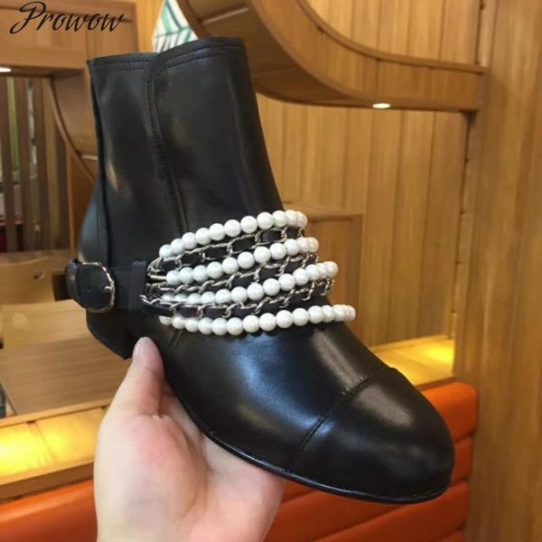 

boots womens ankle pearls white cow leather round toe buckle designer casual zapatos de mujer 2021, Black