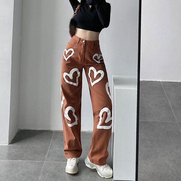

women's jeans womenagaga girl fashion high waist loose slim love graffiti printed straight wide leg pants denim coffee c7hs, Blue