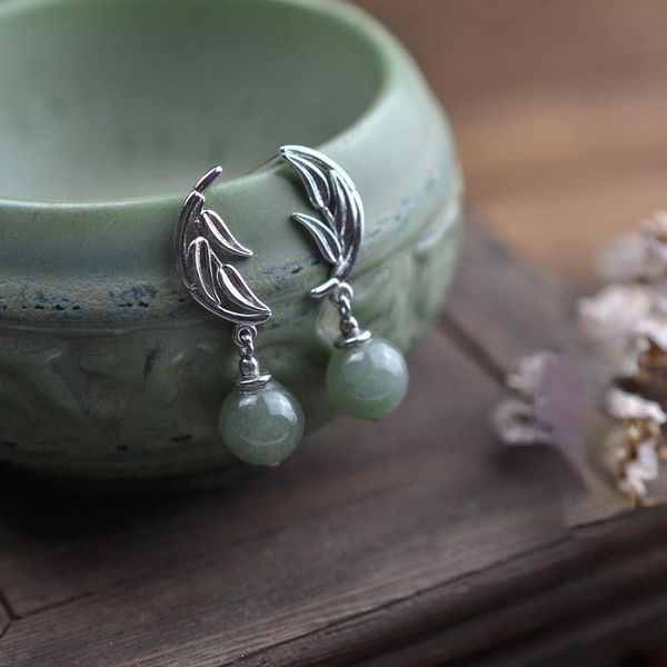 

dangle & chandelier natural hetian green jadeite thai silver earrings chinese retro fresh romantic charm women send friends anniversary gift