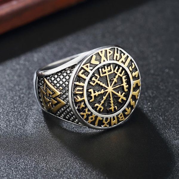 

vintage viking stainless steel compass ring men's valknut punk odin rune jewelry gift drop store cluster rings, Golden;silver
