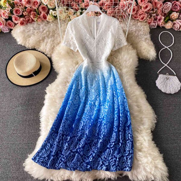 

dresses summer lace hollow out long dress women white blue v-neck short sleeve high waist slim maxi vestidos female new fashion, Black;gray
