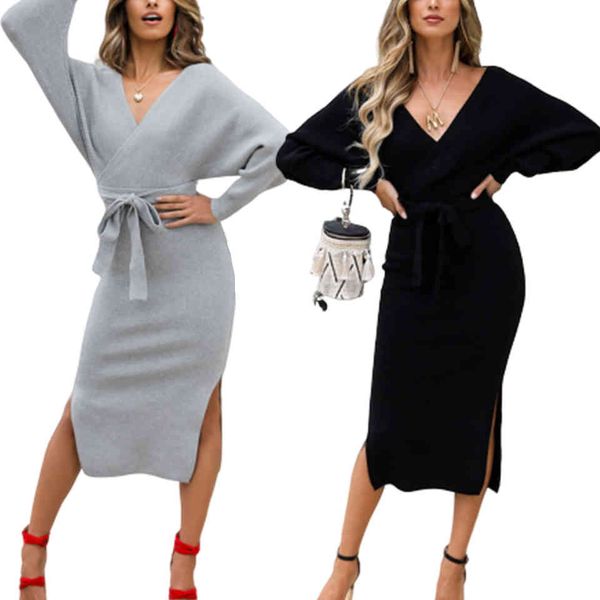 

dress open side front knot back form bat woman sukienka plain dressed in high waist deep v solid cleavage, Black;gray