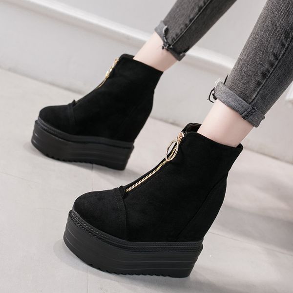 

botas tacn alto para mujer, con cremallera frontal, bajas de cua, Black