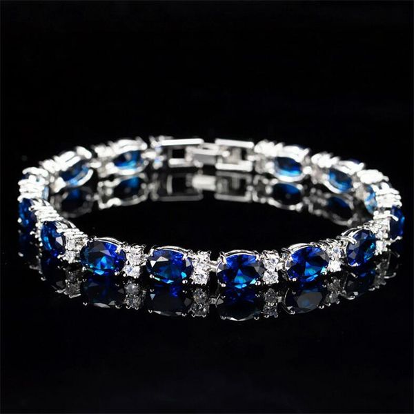 

victoria luxury jewelry brand new 925 sterling silver oval cut blue sapphire cz diamond ruby popular women wedding bracelet for lover gift, Golden;silver