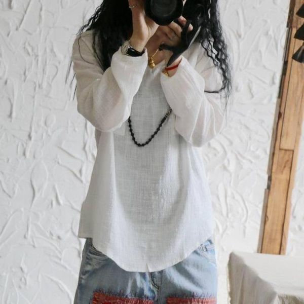 

women's t-shirt cotton linen pockets irregular hem long sleeve plus size t shirt women summer 2021 casual simple blusa, White