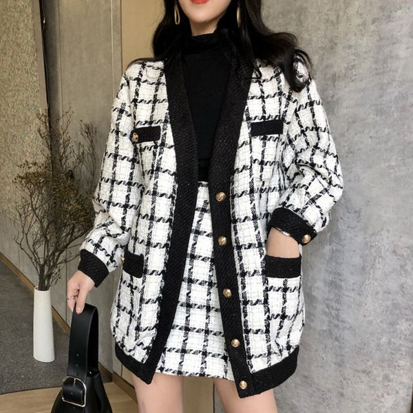 

skirt autumn winter vintage 2 women long sleeve tweed wool jacket coat + mini suits ladies clothing two piece set tsyu, Black