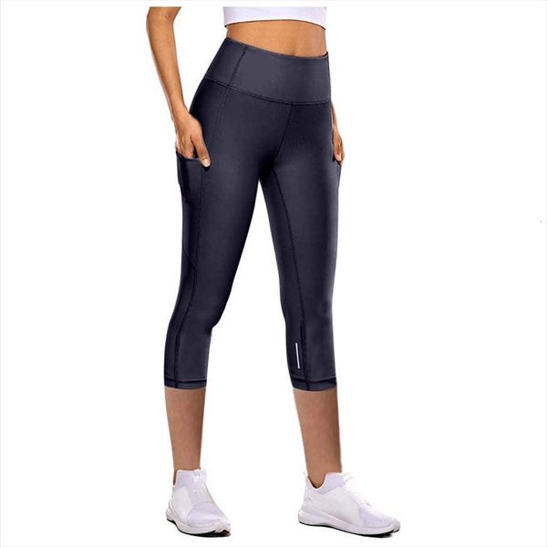 

pants tight elastic quick dry womens leggings solid color pocket capris seamless sport women fitness, Black