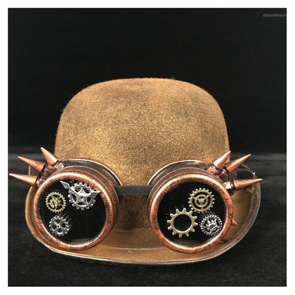 

handmade women men steampunk bowler hat patch gear glasses hats fedora headwear cosplay cat ear billycock groom hat1, Blue;gray