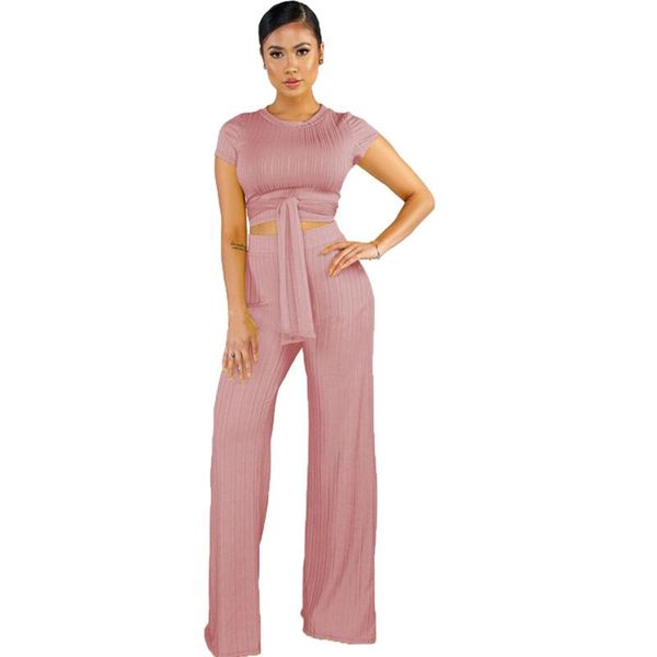 

women 2 piece set and pants casual summer clothes 2021 front tie crop wide leg long tracksuit suit two dress, White