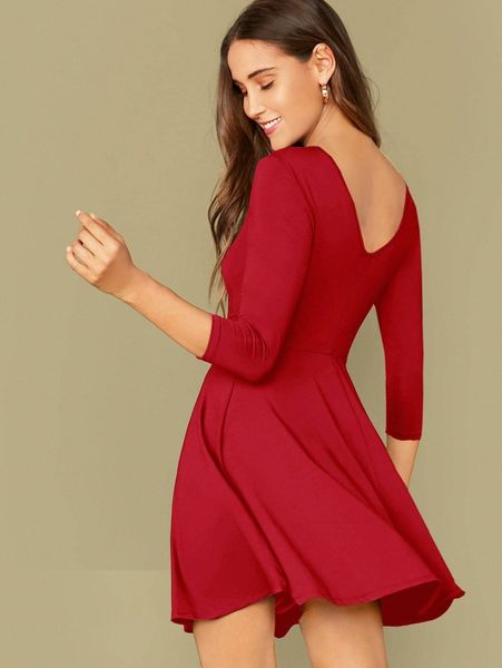

solid v-back fit and flare dress p6cz#, Black;gray