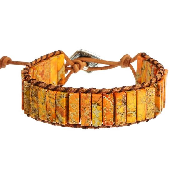

tennis drop leather orange imperial jasper tube bead adjustable wrap stylish bracelet jewelry for women, Golden;silver