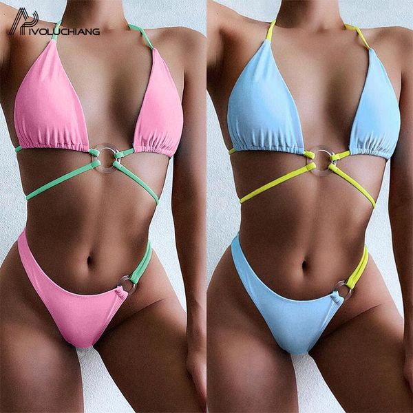 

women bikini drawstring bandage high cup swimwear solid monokini two piece with buckle bather paded waist biquini one-piece suits