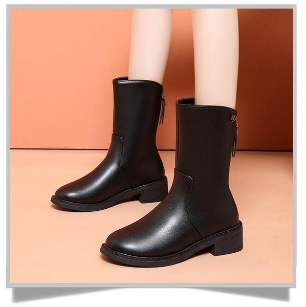 

boots fashion round toe booties women pumps solid color square heel knight short plush keep warm shoes zapatillas mujer, Black