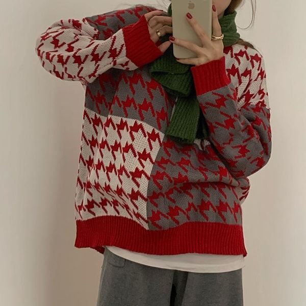 

women's sweaters houndstooth knitted women vintage fall winter oversized korean pullovers batwing sleeve female knitwear, White;black