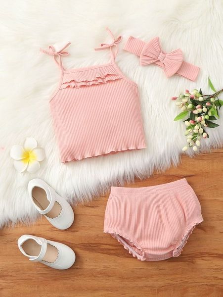 

baby lettuce trim rib knit cami & shorts with headband she, White