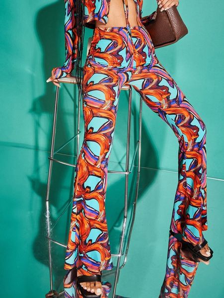 

random allover print flare leg pants d4ys#, Black;white
