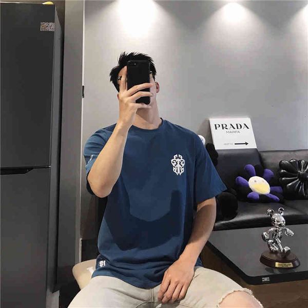 

new fashion brand crosin sanskrit jeans blue short sleeve crew neck letter print loose couple t-shirt in sprin, White;black