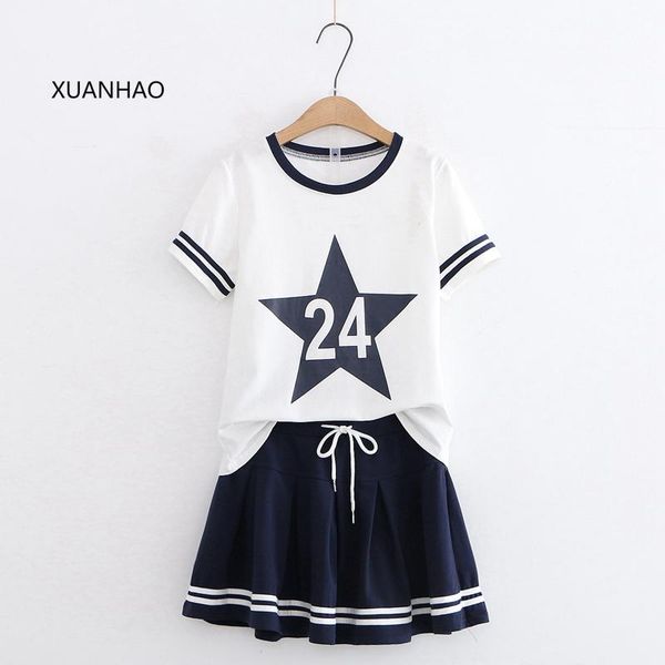 

women sets number 24 print short sleeve cotton t shirts and hight waist drawstring mini pleated skirt sweet style two piece set dress, White