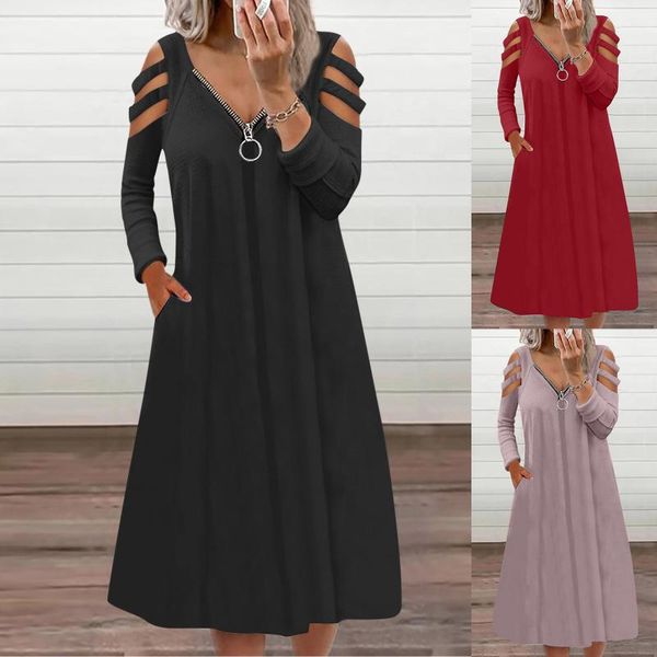 

casual dresses elegant zipper v neck midi dress women hollow out solid fashion pocket long sleeve party plus size fall vestidos, Black;gray