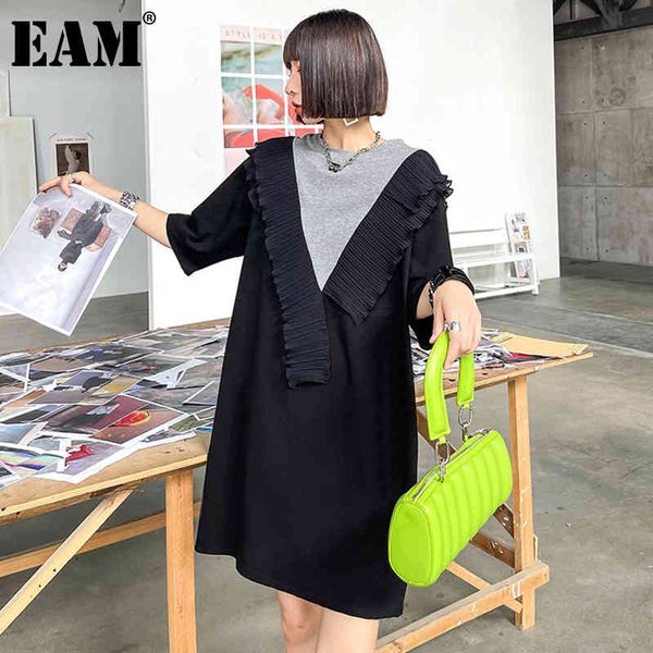 

[eam] women black spliced big size ruffles dress round neck half sleeve loose fit fashion spring summer 1dd7050 21512, Black;gray