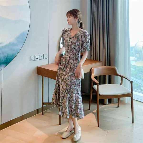 

long vintage dress for women summer floral chiffon short sleeve v neck ladies enegant print flower maxi dresses 210602, Black;gray