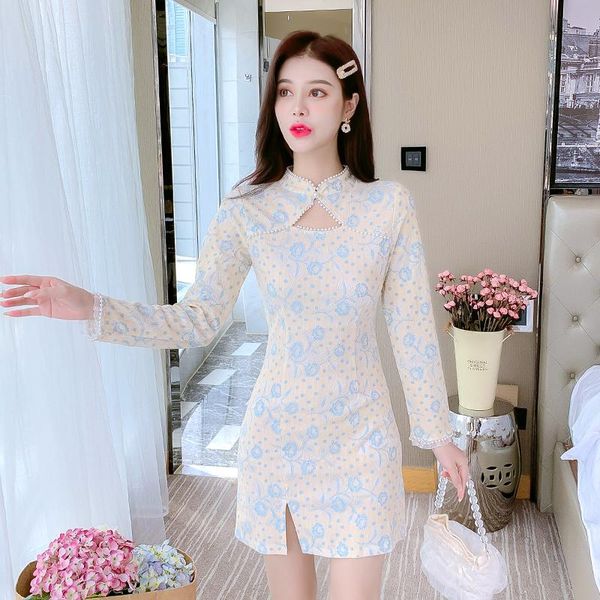 

casual dresses coigarsam women one piece korea dress autumn 2022 cheongsam high waist robe vestidos, Black;gray