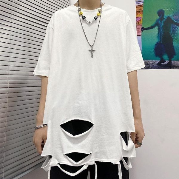 

women's t-shirt spring korean version in street with half sleeve loose white hole short t-shirt, men's and fashion