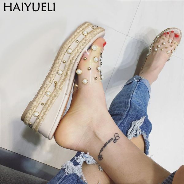 

dress shoes sandales femme ladies pearl sandals summer rope weaving platform slippers casual wedge beach leisure high heels, Black