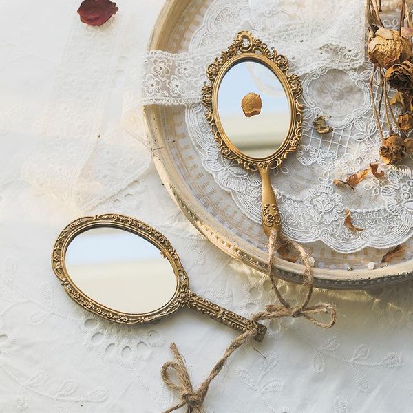 

french vintage golden carved texture handheld mirror portable makeup handle dressing decoration ornaments mirrors