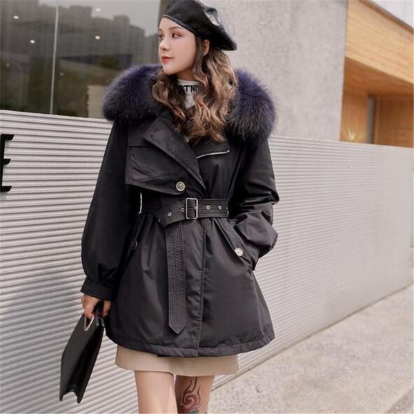 

women's down & parkas large natural fur collar long coat women winter 90% white duck parka female belt removable liner jacket outwear v, Black