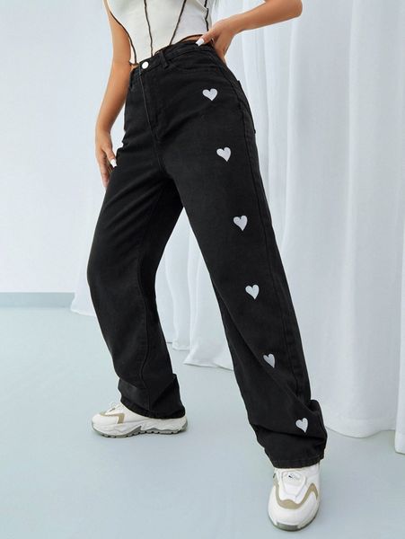 

high waisted heart embroidered jeans s06f#, Blue