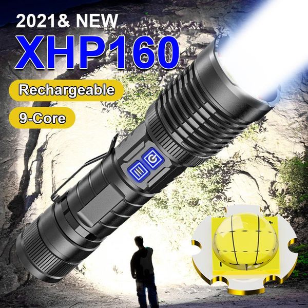 Lanternas tochas mais poderosas XHP160 LED 18650 de alta potência xhp90.2 USB recarregável 9 núcleo de camping tocha luz