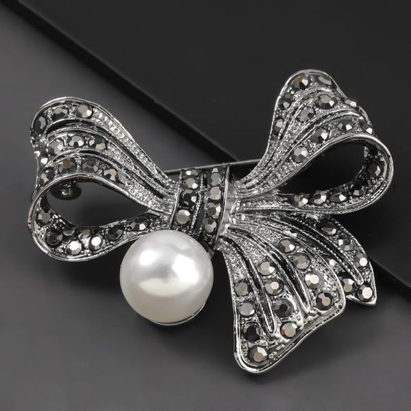 

fashion metal imitation pearl black bow brooch female pin creative corsage banquet accessories pins, brooches, Gray