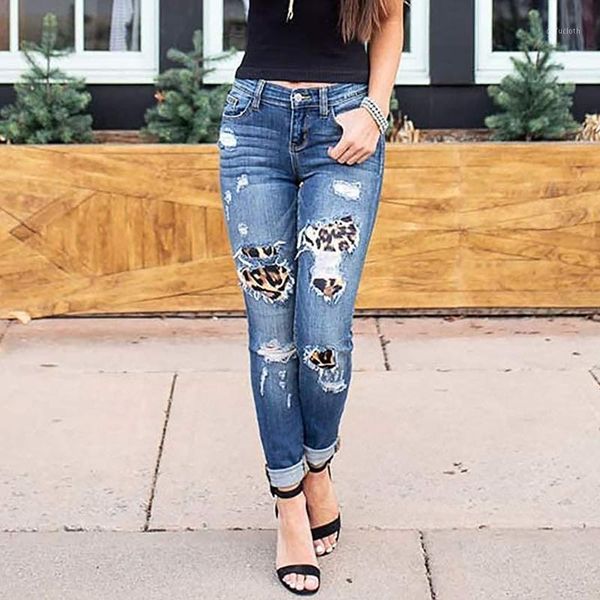 

women's jeans fashion high waist ripped hole distressed leopard splicing stretch denim pants skinny trousers pantalones mujer#35, Blue