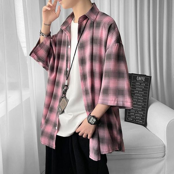 

men's shirt short sleeve black and white plaid tidal current college streetwear fashion single-breasted the listing casual shirts, White;black
