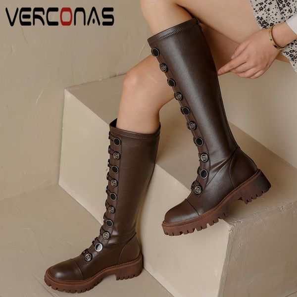 

boots verconas retro elegant woman knee high autumn winter warm cow leather party basic office prom brand design shoes, Black