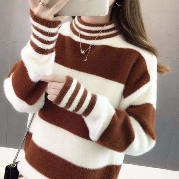 

women's sweaters ebaihui women sweater winter pullovers woman striped korean fashion mock neck faux mink cashmere students'flockin, White;black