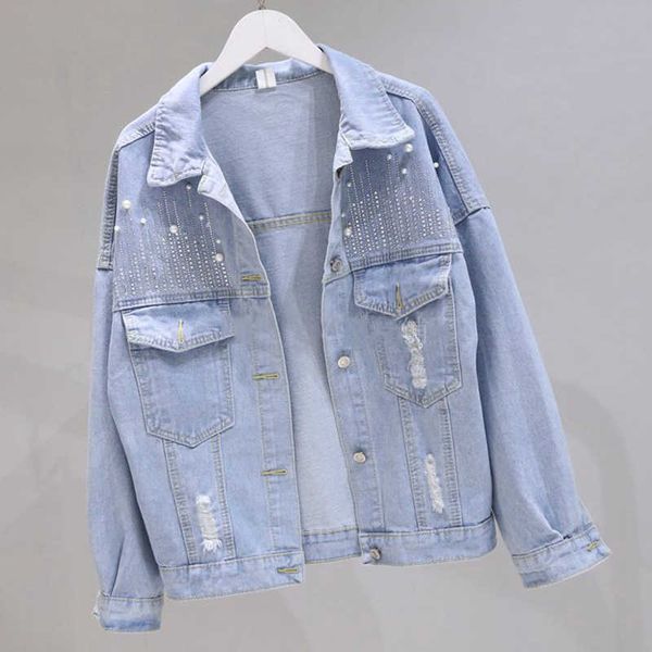 Outono Streetwear BF Solto Jeans Jaqueta Diamante Harajuku Buracos Denim Casaco Mulheres Luz Blue Bomber 210531