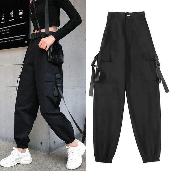 

harajuku punk trousers casual women pant cargo high waist plus size summer joggers belt kz400, Black;white