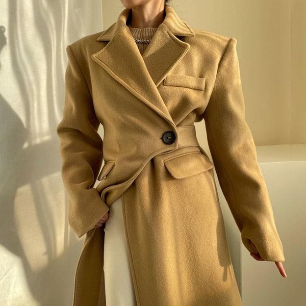 

women's wool & blends [ewq] casual fashion women autumn and winter lapel one grain buckle waist design loose irregular woolen coat fema, Black