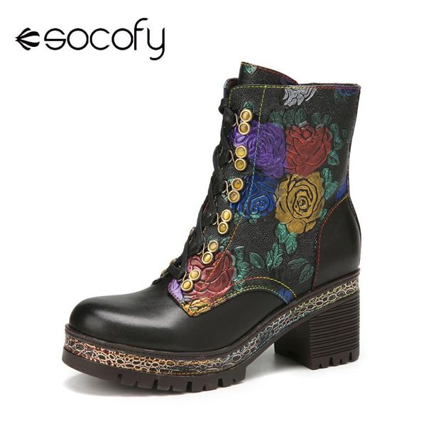 

boots socofy ladies vintage graceful flowers embossed leather comfy warm lining round toe chunky heel short winter shoes, Black