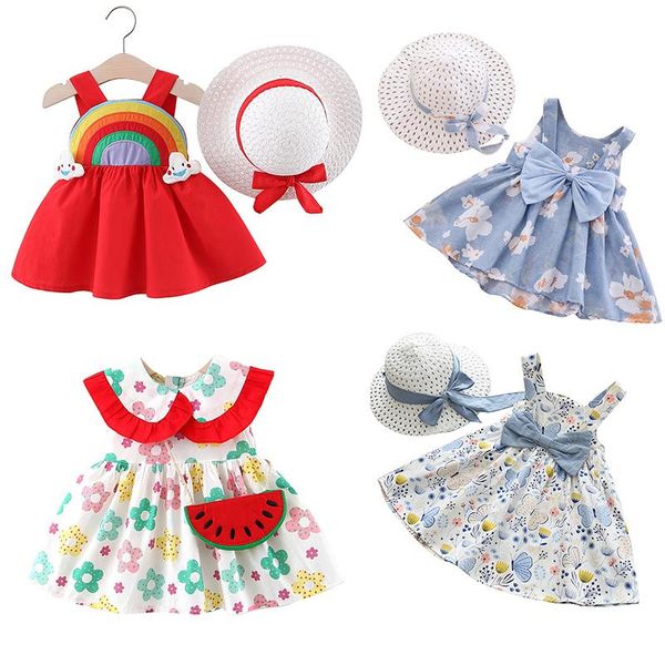 

girl's dresses 2021 baby girls with hat 2pcs clothes sets kids sleeveless birthday party princess beach costume print floral summer, Red;yellow