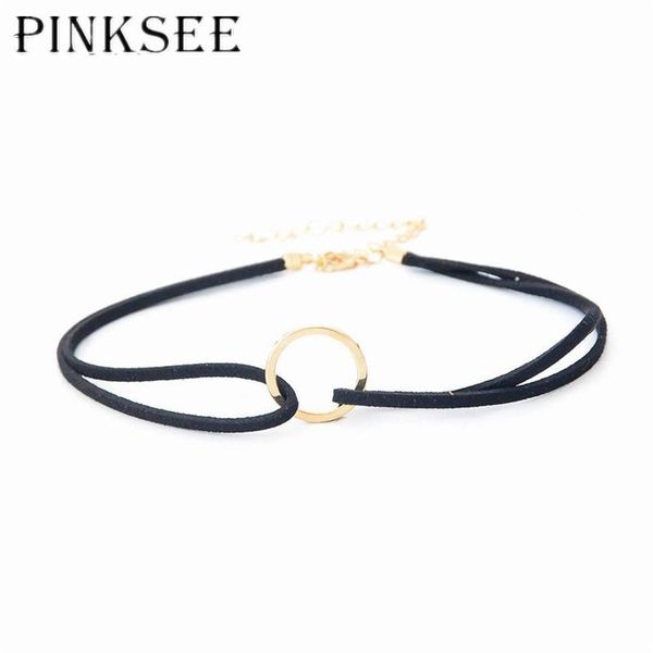 

pinksee 2021 arrivals punk black leather choker necklace for women neck strip metal circle locks chains chokers, Golden;silver