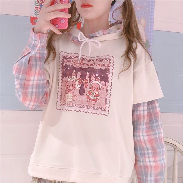 

kawaii fashion oversize hoodie women soft girl cute bear graphic sweatshirt harajuku vintage plaid ruffle kpop christmas clothes, Black