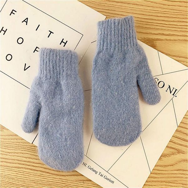 

five fingers gloves warm double-layer hair female winter korean version of solid color all women girls mittens, Blue;gray