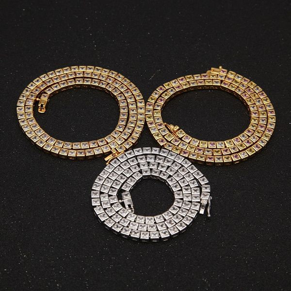 

hip hop bling chains jewelry mens iced out diamond tennis chain necklace bracelet square colorful zircon necklaces18inch-24inch, Silver