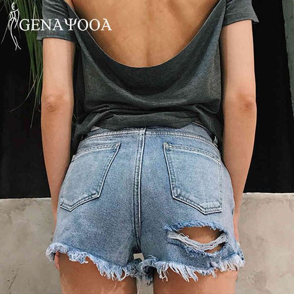 

genayooa summer for women streetwear high waist denim split blue jean shorts ripped hole fashion 210417, White;black