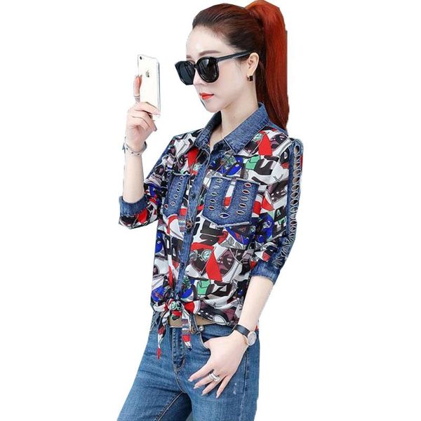 

women's blouses & shirts floral chiffon shirt women 2021 spring autumn long-sleeved denim stitching hollow female sunscreen summer, White
