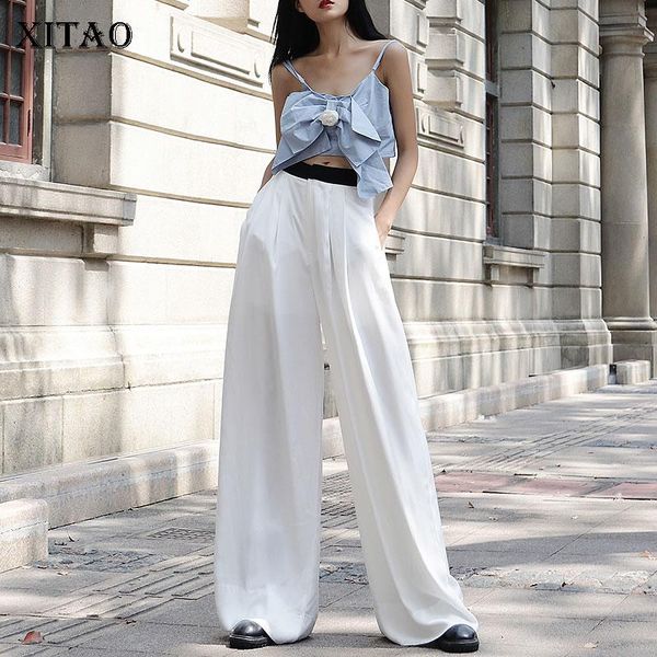 

women's pants & capris xitao high waist thin breathable black women clothes 2021 summer fashion loose pleated match all wide leg dmy531, Black;white